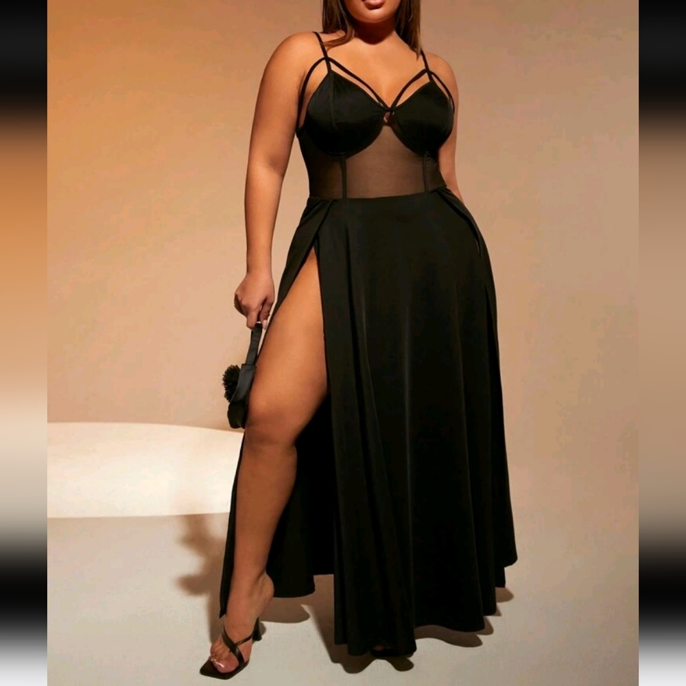 Luxe Plus Size High Slit Sheer Mesh Maxi Cami Top Dress Black